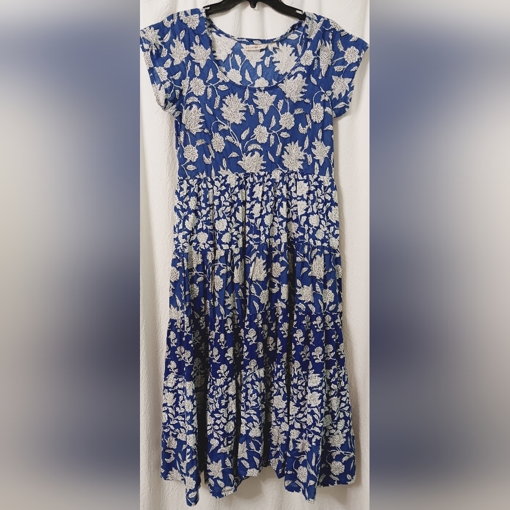 Soft Surroundings A-Line Tiered Midi Dress Womens Size PS Navy Blue White Floral